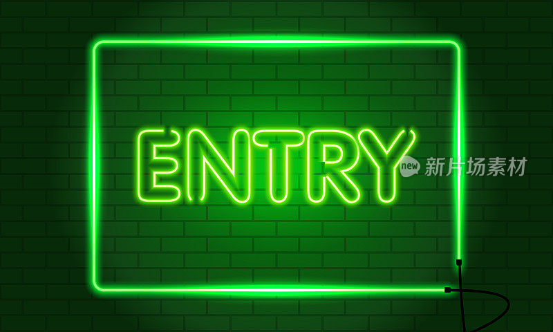 Retro club inscription Entry. Vintage electric signboard with bright neon lights. Green light falls on a brick background. Vector illustration